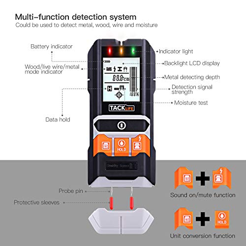 Detector de Pared, Tacklife DMS05, 4 EN 1 Detector con Pantalla LCD, Detector Clásico y Multifuncional, Buscador de Metal, Madera, AC Cable y Humedad, con Bolsa protectora