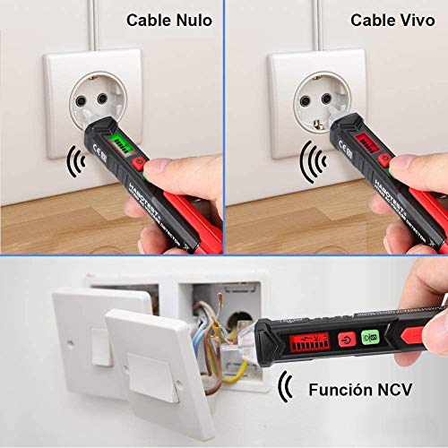 Detector de Voltaje CA sin Contacto, Ventdest 12V-1000V Detector De Tension, Alarma Sonora, Electrico Comprobador De Tensión con linterna LED Distinción inteligente en vivo/nulo Pantalla LCD