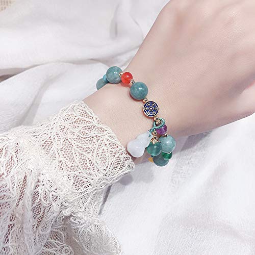 Deykhang Pulsera de Cristal Feng Shui Wu Lou Hulu Calabash para la curación Prosperidad Riqueza Calabaza calcedonia Multi-Piedra Preciosa de Lotus tibetana del Brazalete del Estiramiento