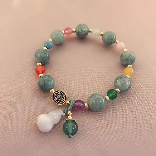 Deykhang Pulsera de Cristal Feng Shui Wu Lou Hulu Calabash para la curación Prosperidad Riqueza Calabaza calcedonia Multi-Piedra Preciosa de Lotus tibetana del Brazalete del Estiramiento