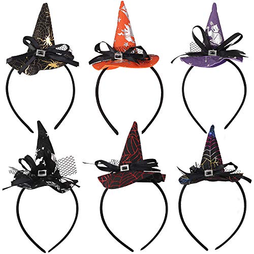 Diademas de Halloween,6 Piezas Sombrero de Bruja Diadema Aro de Pelo Disfraz Disfraces Accesorios para el Cabello Araña Calavera Murciélago Diadema de Bruja para niñas y Mujeres Fiesta de Halloween