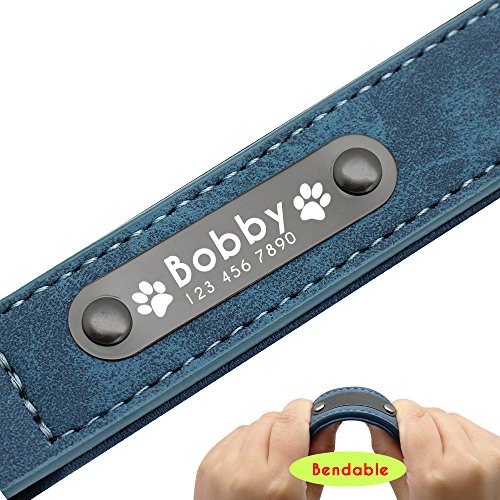 Didog - Collar de piel suave acolchada personalizable para perro, chapa de nombre, anilla en D, collar grabado para perro, tamaños pequeño, mediano y grande