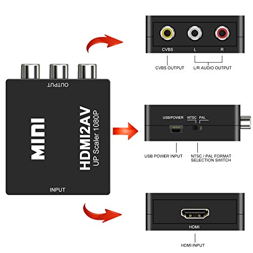 DIGITNOW! HDMI a AV 3 RCA CVBS Compuesto Adaptador Convertidor Conversor de Video y Audio de señal Mini 1080P Compatible con Cable de Carga USB para PC/Laptop/Xbox / PS4 / PS3 / TV/VCR Cámara DVD