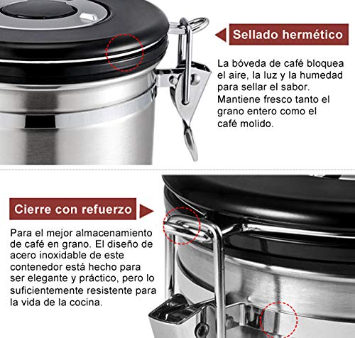 Diguo Recipiente hermético Acero Inoxidable para Café, el Bote Mantiene el Aroma y Evita la oxidación del café, con Cuchara de Acero Inoxidable y Pinza de Cierre. Tarro de hasta 500g (Rojo)