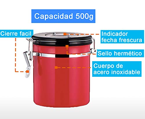 Diguo Recipiente hermético Acero Inoxidable para Café, el Bote Mantiene el Aroma y Evita la oxidación del café, con Cuchara de Acero Inoxidable y Pinza de Cierre. Tarro de hasta 500g (Rojo)