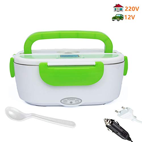 Diker Fiambreras Bento,Fiambrera Eléctrica,Comida Térmico Lunch Box, Calentador de Comida Electrico con Bandeja Extraíble de Acero Inoxidable (2 en 1 para Coche y Trabajo)-12V/220V (1.05L, Verde)