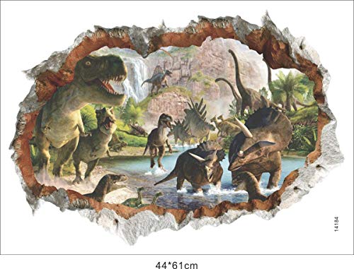 Dinosaurios en el Río Pegatinas Vista de Efecto 3D Efectos Especiales Ver Fuera de la Agrietada Pared Decorativos Calcomanías de Pared de Vinilo Extraíble para Sala de Estar, Dormitorio