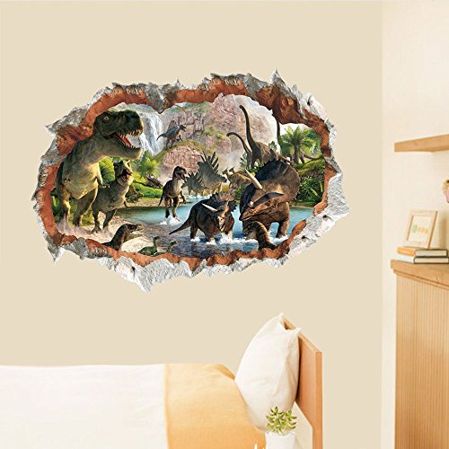 Dinosaurios en el Río Pegatinas Vista de Efecto 3D Efectos Especiales Ver Fuera de la Agrietada Pared Decorativos Calcomanías de Pared de Vinilo Extraíble para Sala de Estar, Dormitorio