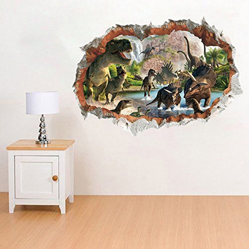 Dinosaurios en el Río Pegatinas Vista de Efecto 3D Efectos Especiales Ver Fuera de la Agrietada Pared Decorativos Calcomanías de Pared de Vinilo Extraíble para Sala de Estar, Dormitorio