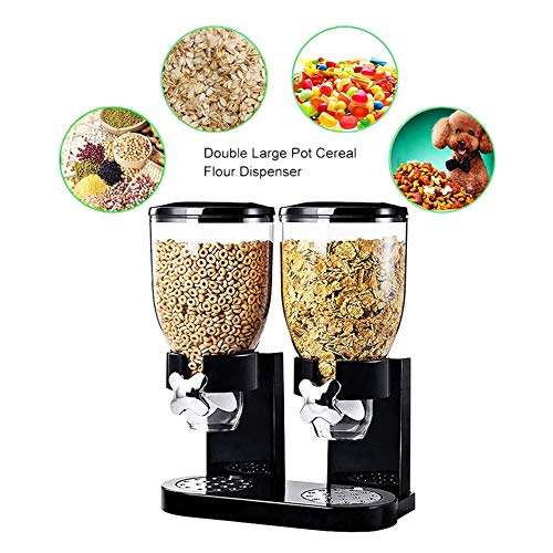 Dispensador de cereal hermético de doble cámara para alimentos secos de doble control, con bandeja de derrames incorporada, para el hogar, la cocina, las encimeras, el desayuno y las mascotas