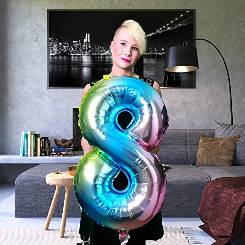 DIWULI, Juego de Globos, número XXL Globo número 8 + 3 Piezas de Unicornio Globos Azules para el 8º cumpleaños, Boda, Fiesta de Lemas, decoración, Globos de Papel de Aluminio de Unicornio