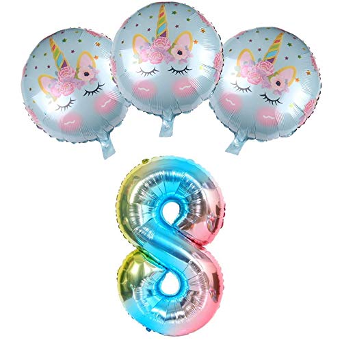 DIWULI, Juego de Globos, número XXL Globo número 8 + 3 Piezas de Unicornio Globos Azules para el 8º cumpleaños, Boda, Fiesta de Lemas, decoración, Globos de Papel de Aluminio de Unicornio