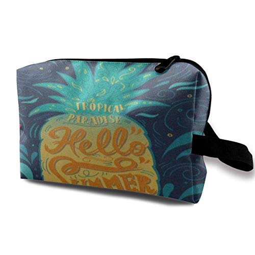 DJNGN Bolsas de maquillaje para mujeres, bolsa de maquillaje de viaje, pequeña bolsa de cosméticos Fruta amarilla Hola verano Piña Letras de esta cita de Hawaii Aloha