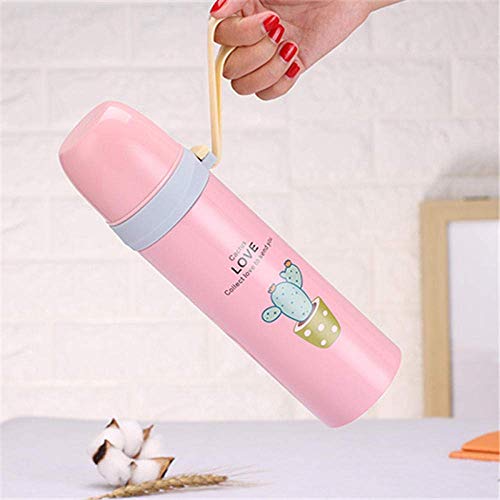 Dljyy 17oz / 500ML portátil Cuerda Silica Gel termos de Agua 18/8 vacío de Acero Inoxidable Frasco Impreso Modelo del cacto térmicas Copas de 500 ml Rosa