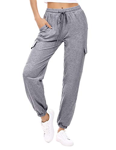 Doaraha Pantalones Deportivos Mujer Algodón Pantalón de Chándal Largo Elásticos Transpirables con Bolsillos Laterales para Deporte Gimnasio Fitness Correr (Gris Oscuro, L)