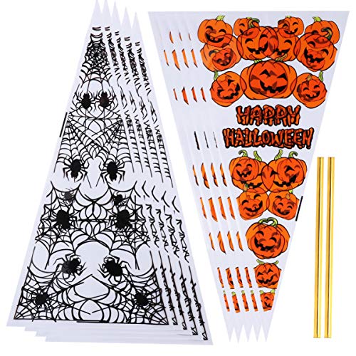 DOITOOL 200 Bolsas de Dulces de Halloween con Diseño de Calabaza de Araña Bolsas de Galletas Bolsas de Cono Dulce Bolsa de Celofán Triangular con Lazos Giratorios para Bocadillos