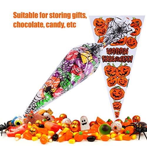 DOITOOL 200 Bolsas de Dulces de Halloween con Diseño de Calabaza de Araña Bolsas de Galletas Bolsas de Cono Dulce Bolsa de Celofán Triangular con Lazos Giratorios para Bocadillos