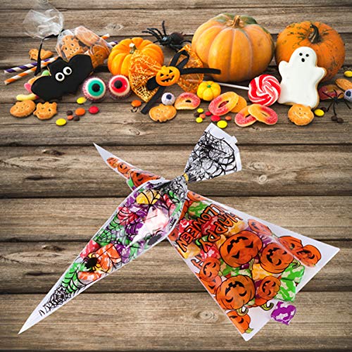 DOITOOL 200 Bolsas de Dulces de Halloween con Diseño de Calabaza de Araña Bolsas de Galletas Bolsas de Cono Dulce Bolsa de Celofán Triangular con Lazos Giratorios para Bocadillos