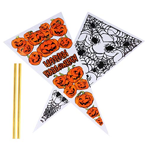 DOITOOL 200 Bolsas de Dulces de Halloween con Diseño de Calabaza de Araña Bolsas de Galletas Bolsas de Cono Dulce Bolsa de Celofán Triangular con Lazos Giratorios para Bocadillos