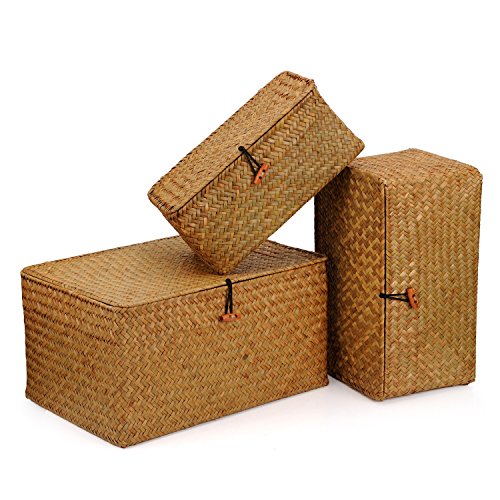 DOKOT Seagrass Cestas Mimbre Decoración Cesto de Almacenaje con Tapa Rectangular Tejido de Ratán Caja con Tapa 3 Piezas (Grande + Mediano + Pequeño)