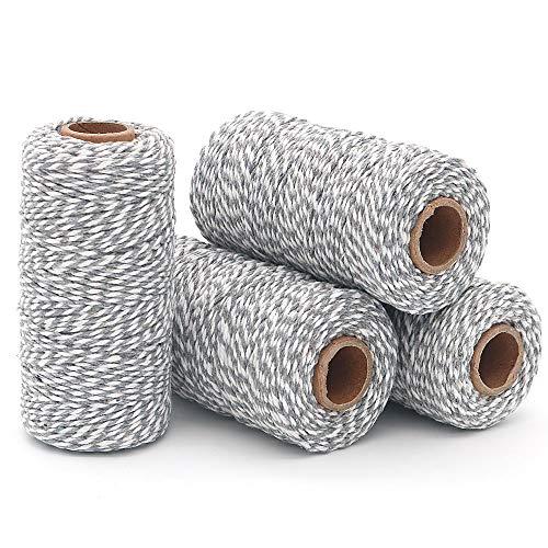 DollaTek 4Pcs 100M Guita de Hilo, algodón Durable Guante de Panadero Heavy Duty Cotton Crafting Twine 2mm para Embalaje Guita de Hilo - Gris + Blanco