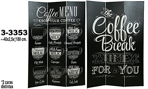 DONREGALOWEB - Biombo de 3 Paneles de Lienzo Decorado conCoffee Break y Coffee Menu en Color Negro y Blanco