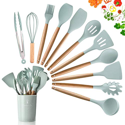 DOPGL Juego de 11 utensilios de cocina de silicona, resistentes al calor, mango de madera, sin BPA, no tóxico, espátula, espátula, cuchara, utensilios de cocina antiadherentes Verde