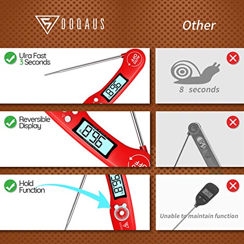 DOQAUS Termometro Cocina de Lectura instantánea de 3s, Termometro Horno digital, con Sonda larga y ° C / ° F Conmutable, para Cocina, BBQ, Comida, Horno, Liquidos，Aceite, Agua (Rojo)