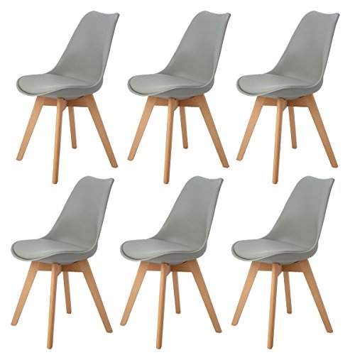 DORAFAIR Pack de 6 Silla de Comedor Silla escandinava, con Las piernas de Madera de Haya Maciza y cojín cómoda,Estilo nórdico,Gris