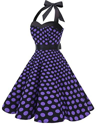 DRESSTELLS Halter 50s Rockabilly Polka Dots Dots Dress Petticoat Pleated Skirt Black Purple Dot S