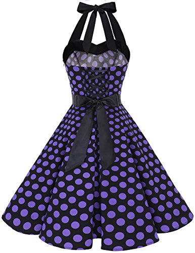 DRESSTELLS Halter 50s Rockabilly Polka Dots Dots Dress Petticoat Pleated Skirt Black Purple Dot S