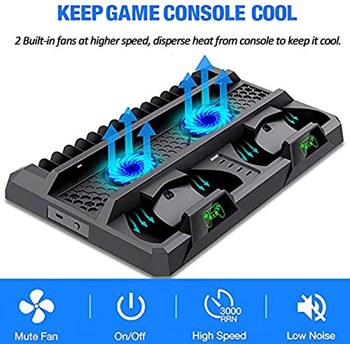 DSHI Ventilador de enfriamiento de bajo Ruido de pie para PS4 Slim / PS4 Pro/PS 4, Enfriador de pie Vertical con estación de Carga de Controlador Dual y 16 Juegos de Almacenamiento