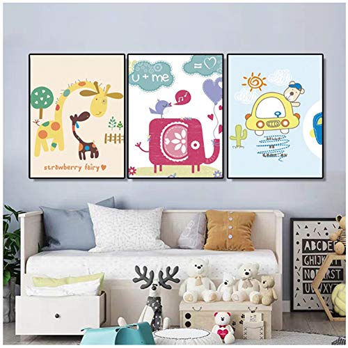 dubdubd Pintura de Lienzo Caligrafía Hada de Fresa Carteles de Dibujos Animados Imágenes de Arte de Pared para Sala de Estar Decoración del hogar -40x60cmx3pcs   Sin Marco