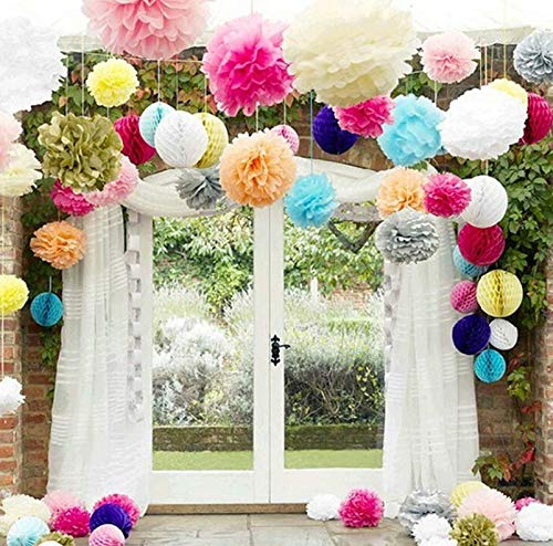 Dusenly Party - Juego de 14 abanicos de Papel para Colgar, Pompones de Papel de Seda y Bolas de Panal de Abeja, decoración para cumpleaños, Baby Shower, Bodas, graduación