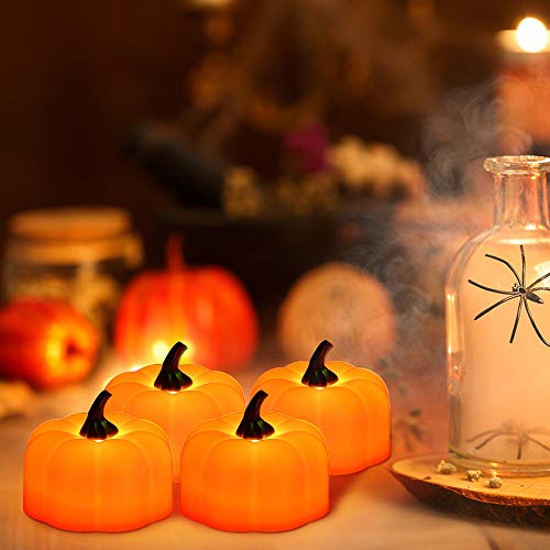 E-More Tealights de calabaza naranja, luces de té LED Velas de calabaza 3D Luz de vela sin llama Calaveras de Halloween con batería Tealights LED con batería para bodas, fiestas, restaurantes bar