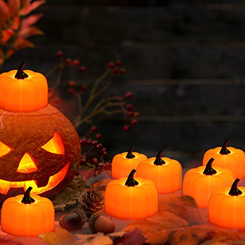 E-More Tealights de calabaza naranja, luces de té LED Velas de calabaza 3D Luz de vela sin llama Calaveras de Halloween con batería Tealights LED con batería para bodas, fiestas, restaurantes bar