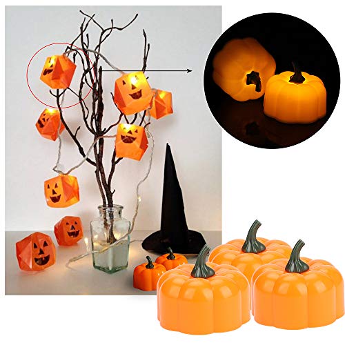 E-More Tealights de calabaza naranja, luces de té LED Velas de calabaza 3D Luz de vela sin llama Calaveras de Halloween con batería Tealights LED con batería para bodas, fiestas, restaurantes bar