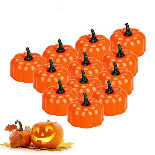 E-More Tealights de calabaza naranja, luces de té LED Velas de calabaza 3D Luz de vela sin llama Calaveras de Halloween con batería Tealights LED con batería para bodas, fiestas, restaurantes bar