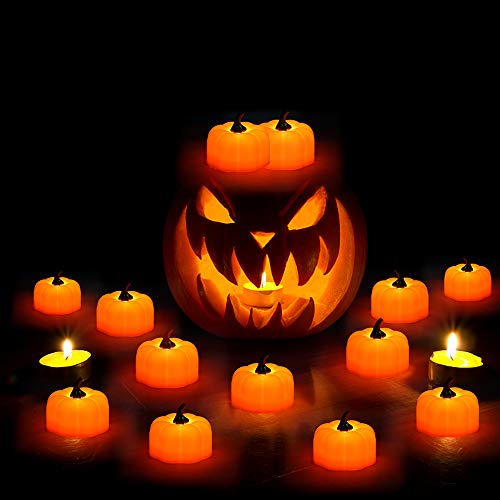 E-More Tealights de calabaza naranja, luces de té LED Velas de calabaza 3D Luz de vela sin llama Calaveras de Halloween con batería Tealights LED con batería para bodas, fiestas, restaurantes bar