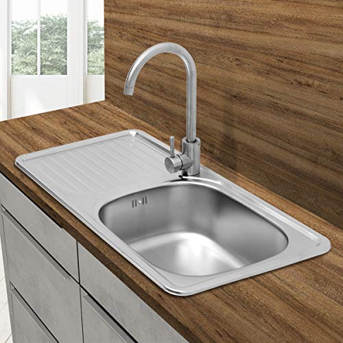 ECD Germany Fregadero de cocina 76 x 42,5 cm con juego de desagüe - lavabo a la derecha con sifón - soporte a la izquierda - acero inoxidable - pila lavadero platos manual empotrado con rebosadero