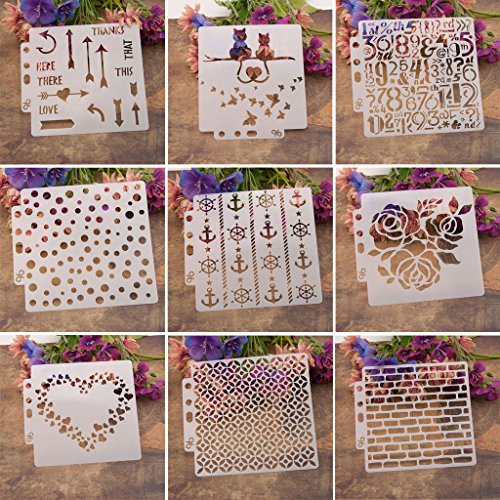 ECMQS - Juego de 9 Plantillas para Pintar con diseño de Corazones y aerógrafo, Lavable, Plantilla de Hueco Reutilizable para Pintar Carteles de Holzveranda, Uso en la Pared, Tela y Placas