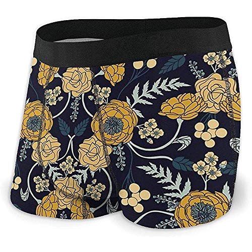 EDCVF Azul Marino Turquesa Crema y Mostaza Amarillo Oscuro Patrón Floral Ropa Interior para Hombres, Ropa Interior de ángulo Plano, Cinturón bóxer Transpirable con Cinturilla expuesta, XL