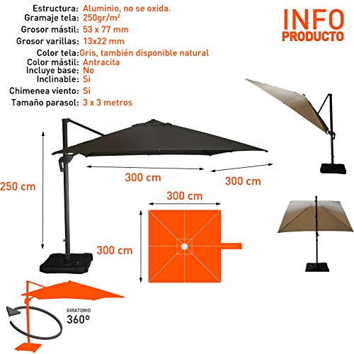 Edenjardi Parasol de Exterior descentrado con mástil Lateral, Cuadrado 300x300 cm,Tela con gramaje 250 gr Gris,Inclinable y Giratorio 360 Grados con manivela, No Incluye Base de Parasol