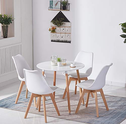 EGGREE Pack de 4 Tulip Sillas de Comedor Sillas Cocina Nórdico con Asiento Tapizado y Las piernas de Madera de Haya Maciza - Blanco