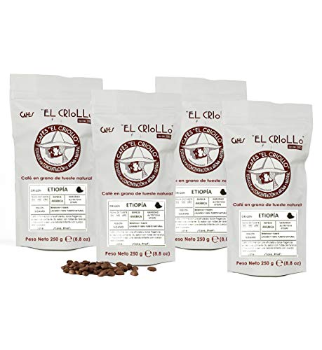 El Criollo - Café de Etiopía en Grano | Variedad Limú | 100% Arábica y Tueste natural | Pack de 4x250gr (1kg)