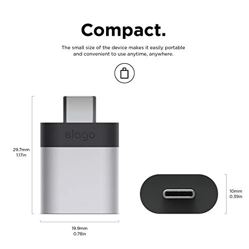 elago Mini Adaptador de Aluminio USB-C a USB 3.0 Hembra Compatible con MacBook Pro 2018/2017, MacBook Air 2018 y Otros Dispositivos con USB C [Exacto Coincidencia de Color con MacBook] - Plata