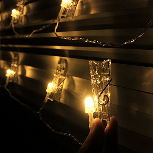 EleganBello Cadena de luces con pinzas 4m 40 LED Cadena de luces con pinzas 2 modos de luz Blanco cálido Guirnalda de luces con Clips para fotos ideal para colgar fotos, notas, Memos y de arte