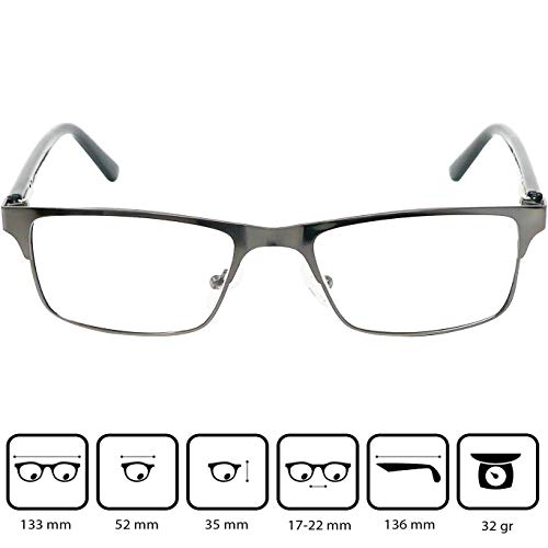 Elegantes Gafas con Filtro de Luz Azul Unisex para Leer con Lentes Rectangulares, Funda GRATIS, Montura de Acero Inoxidable (Grafito), Para Hombre y Mujer +2.5 Dioptrías