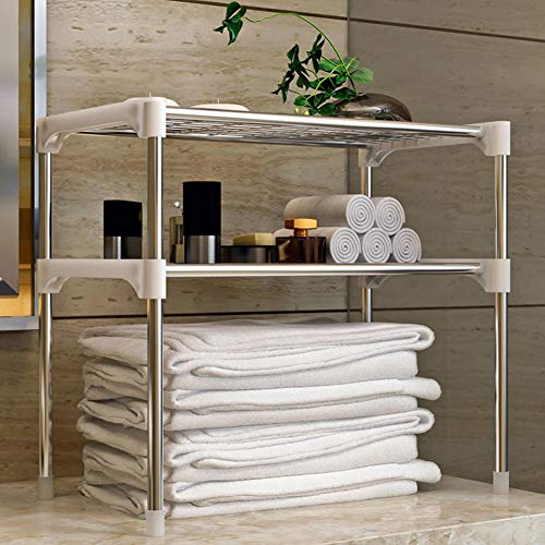 elegantstunning Estante de horno de microondas de acero inoxidable Estante 2 capas para baño Cocina Horno de microondas Organizador de almacenamiento Gabinete blanco 57 x30x48cm