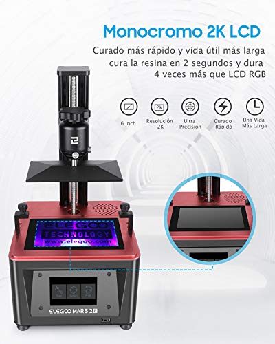 ELEGOO Mars 2 Pro Impresora 3D Mono MSLA Impresora 3D de Resina LCD de Fotopolimerización UV con LCD Monocromático 2K de 6 Pulgadas, Tamaño de Impresión 129mm(L)*80mm(W)*160mm(H)